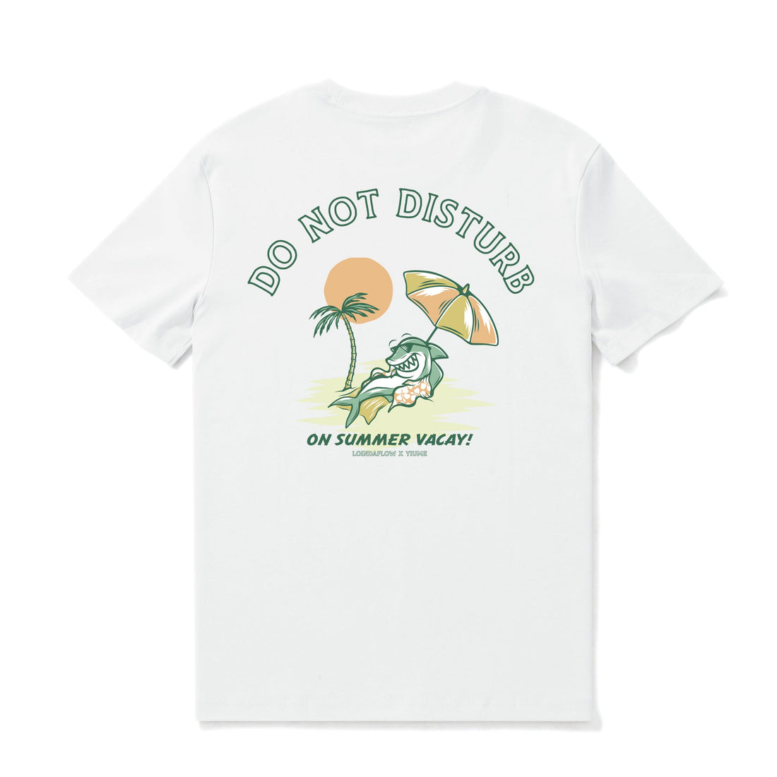 White t-shirt with Do Not Disturb vacation-themed graphic