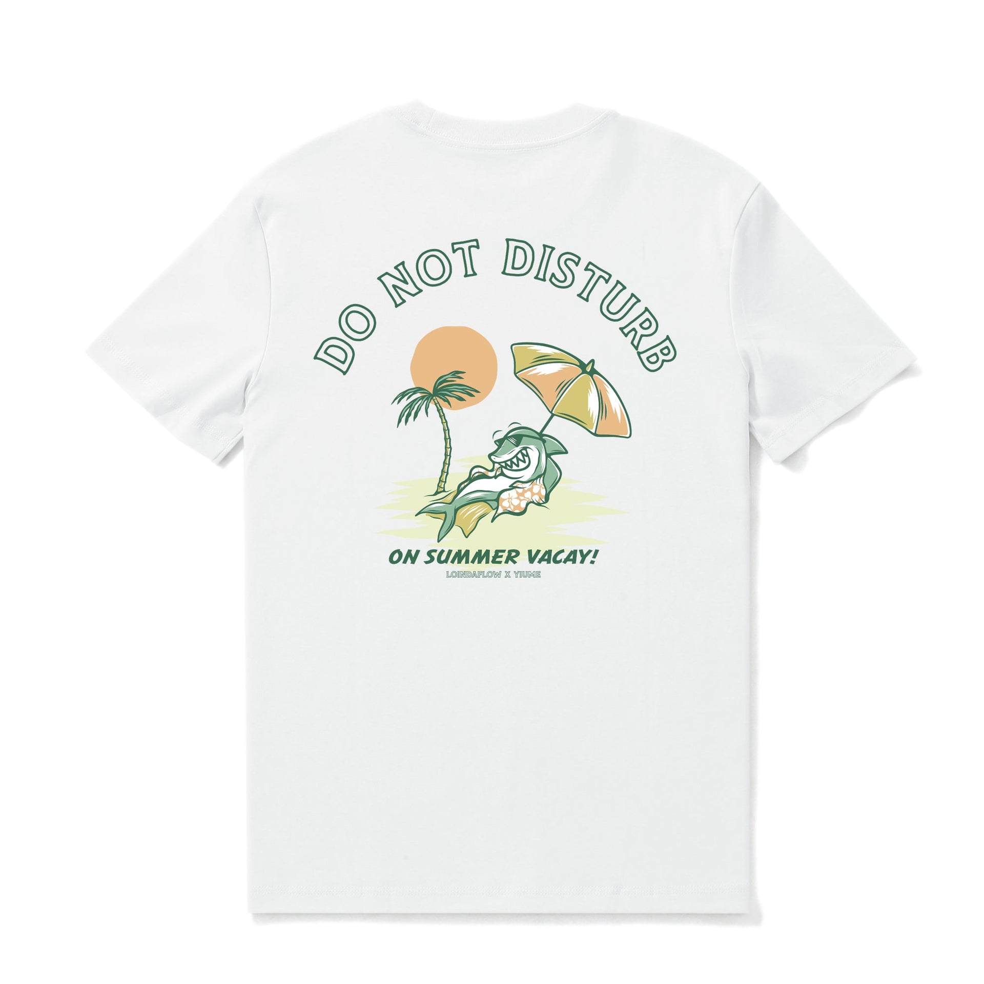White t-shirt with Do Not Disturb vacation-themed graphic