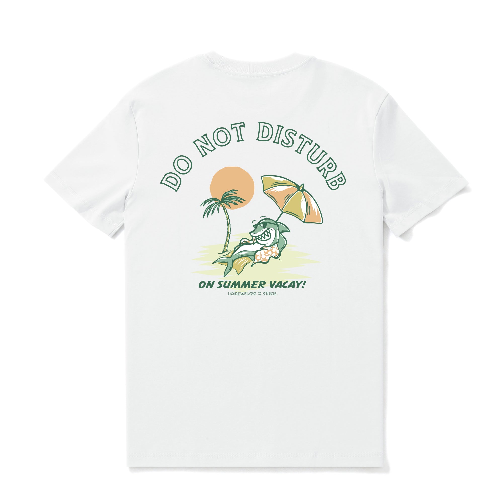 White t-shirt with Do Not Disturb vacation-themed graphic