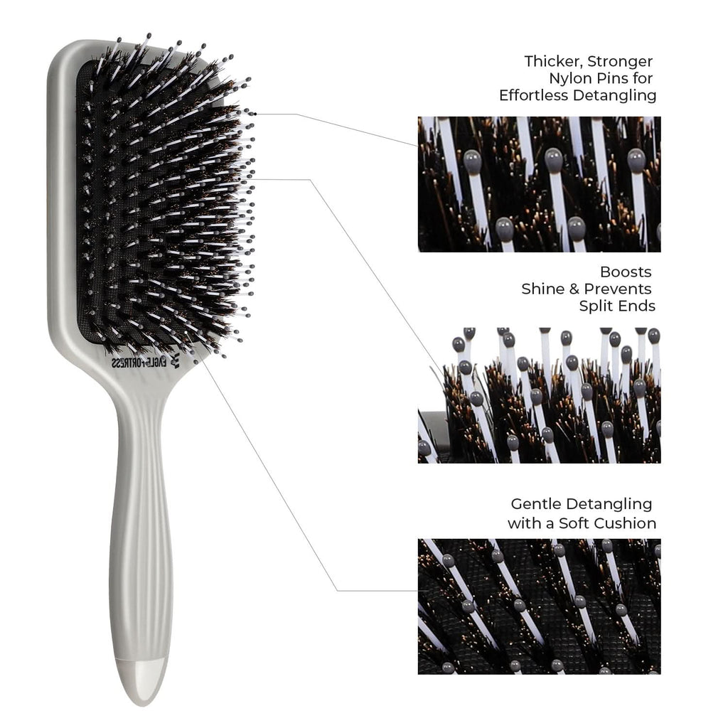 Professional Boar Bristle Paddle Brush for Detangling - Grey
