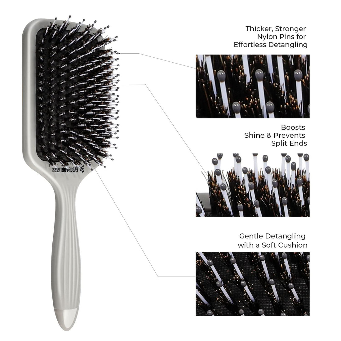 Professional Boar Bristle Paddle Brush for Detangling - Grey