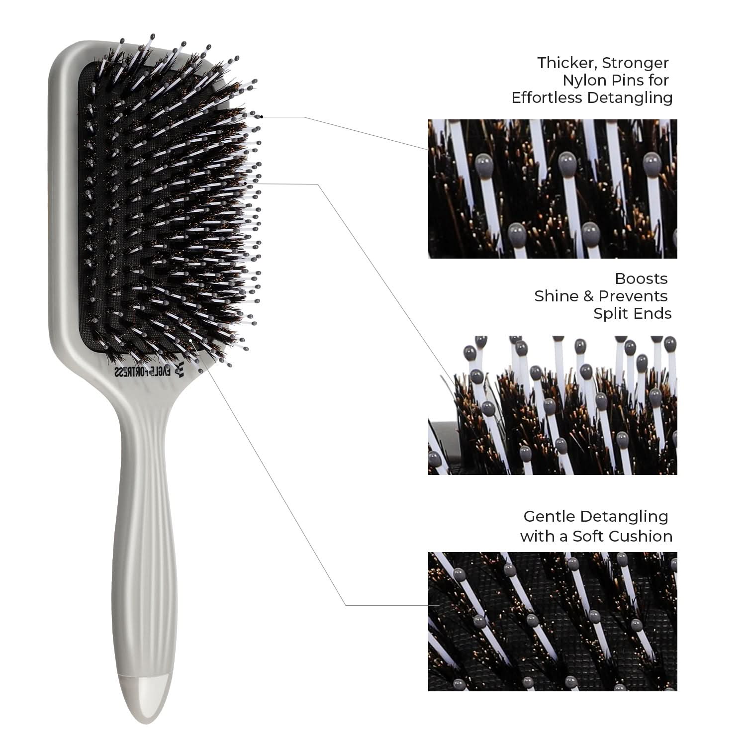 Professional Boar Bristle Paddle Brush for Detangling - Grey