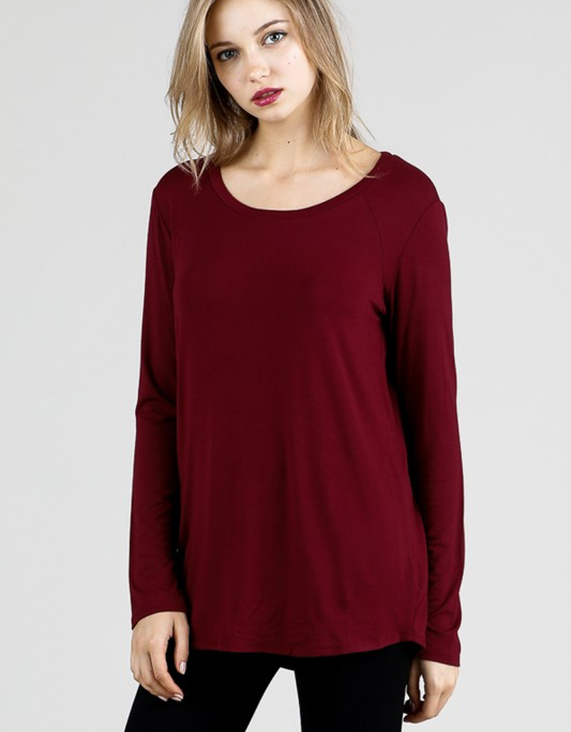 Wine colored long sleeve top in a soft bamboo fabric with a round neckline
