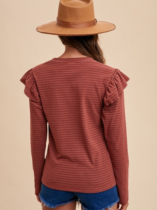 Soft Touch Striped Ruffle Shoulder Top in Brick Red