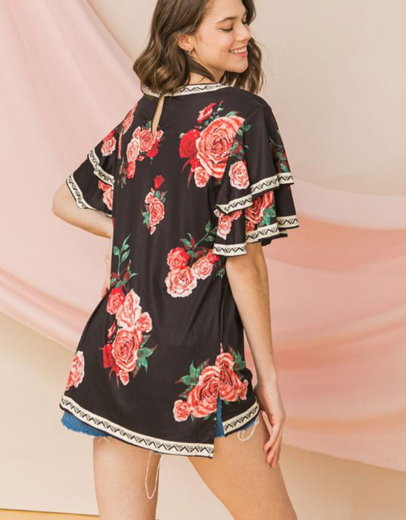 Floral Print Tiered Ruffle Sleeve Top – Bohemian Crew Neck Blouse
