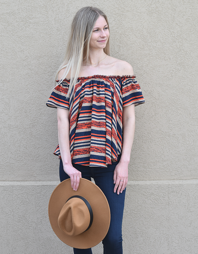Off The Shoulder Stripe Woven Top in Navy Blue, Burnt Orange & Tan