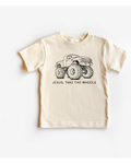 Kids cream and white graphic t-shirt with black monster truck print and Jesus Take the Wheels text