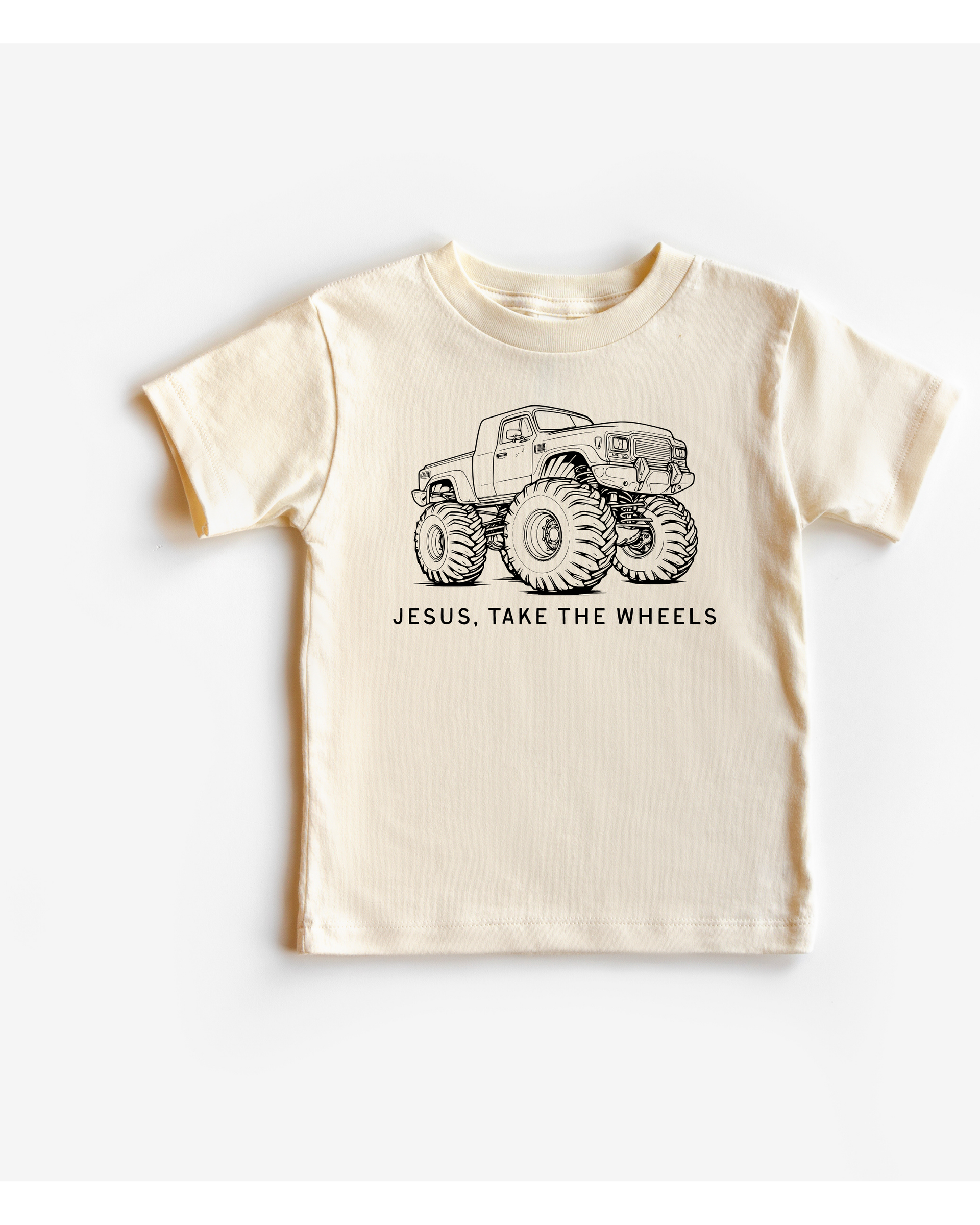 Kids cream and white graphic t-shirt with black monster truck print and Jesus Take the Wheels text