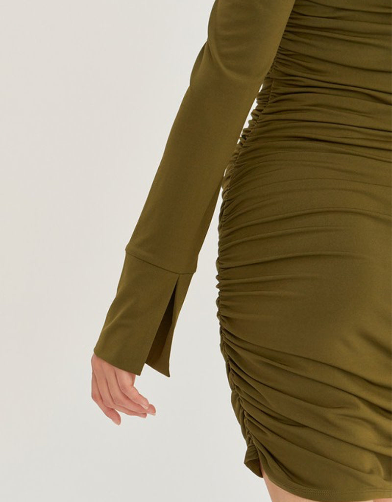 Kylie Ruched Bodycon Knit Mini Dress in Olive