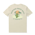 Men's beige crew neck graphic t-shirt with Backyard Beach Party design.
