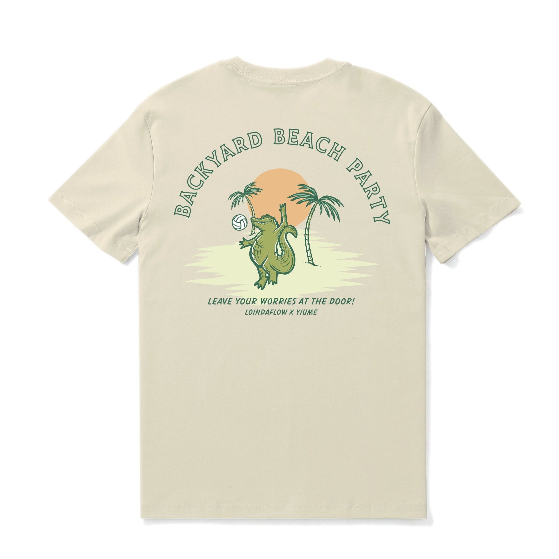 Men's beige crew neck graphic t-shirt with Backyard Beach Party design.