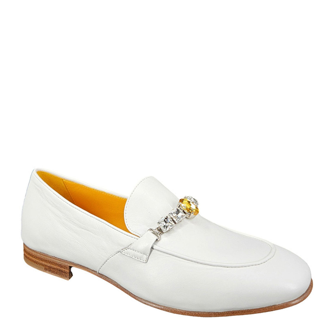 White Leather Flat Jeweled Loafers with Crystal Embellishment