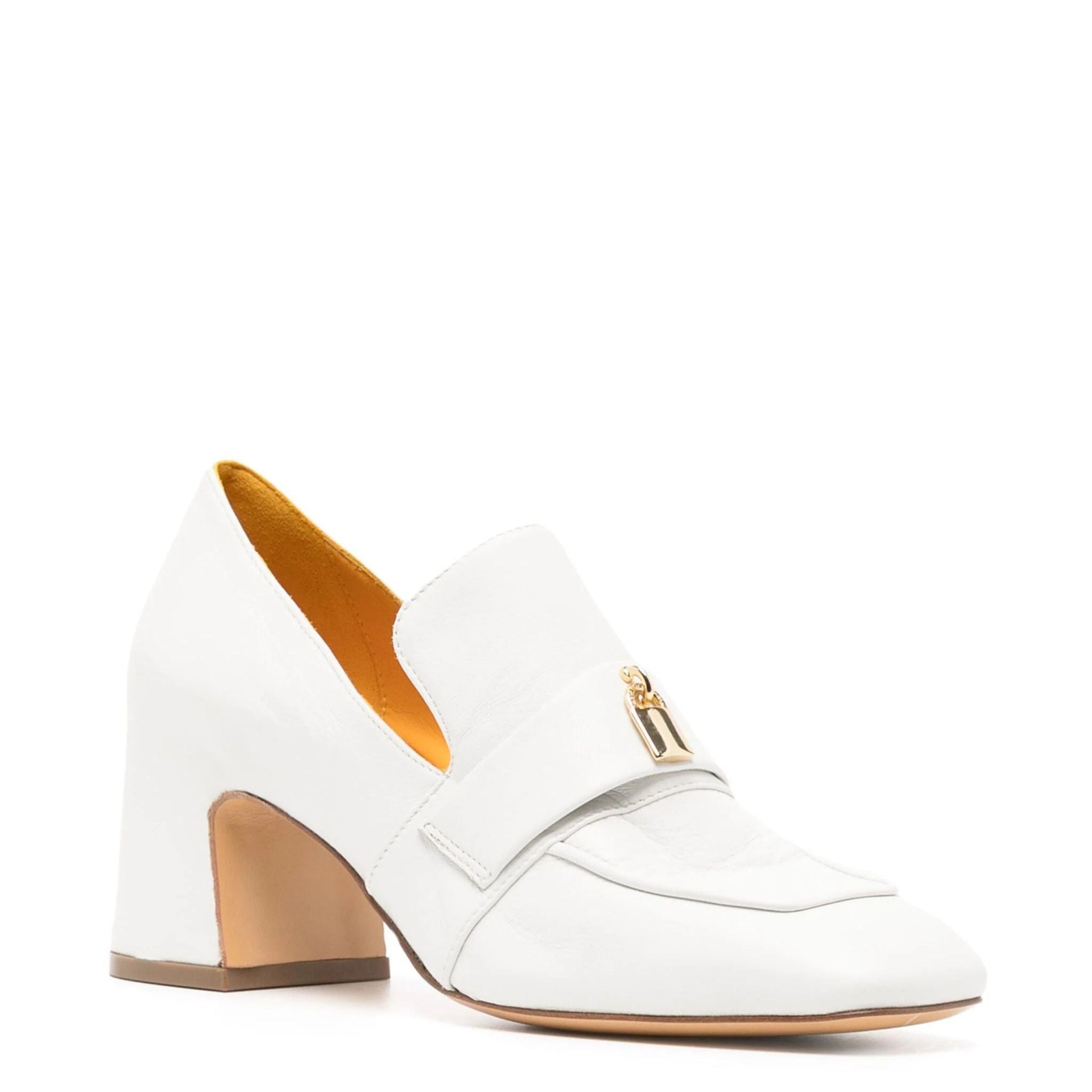 White Leather Block Heel Loafers with Gold Hardware - Image 2