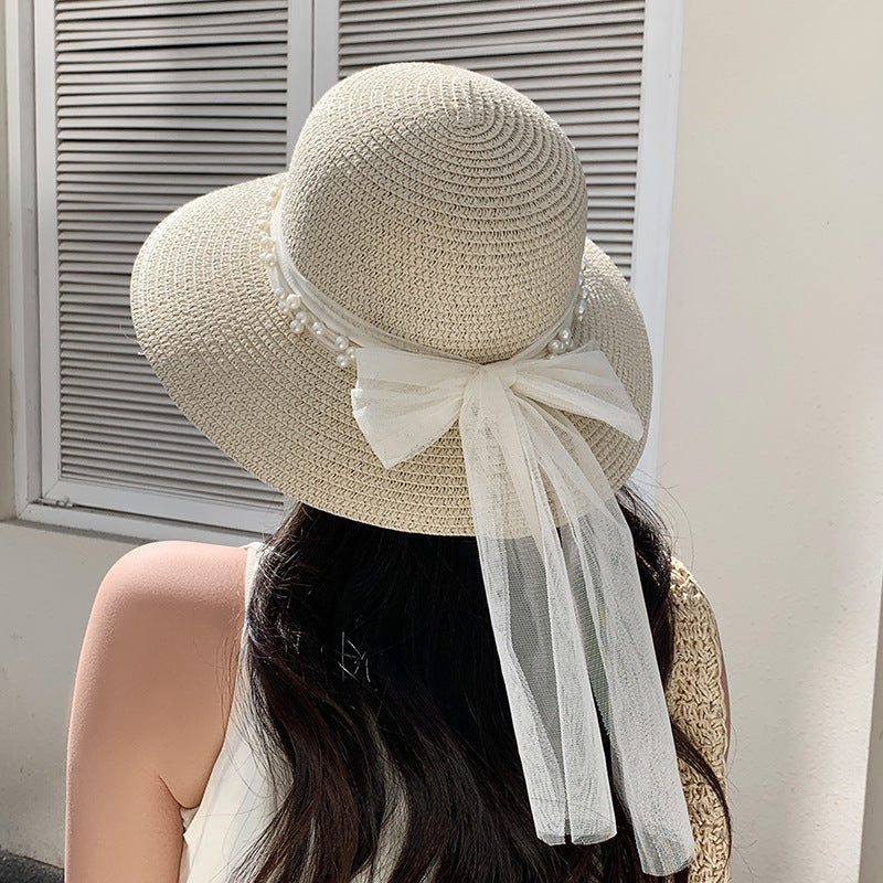 Women's Straw Sun Hat with White Bow - UV Protective Beach Visor