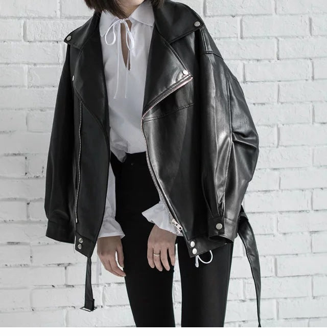 Women's PU Faux Leather Biker Jacket with Sashes