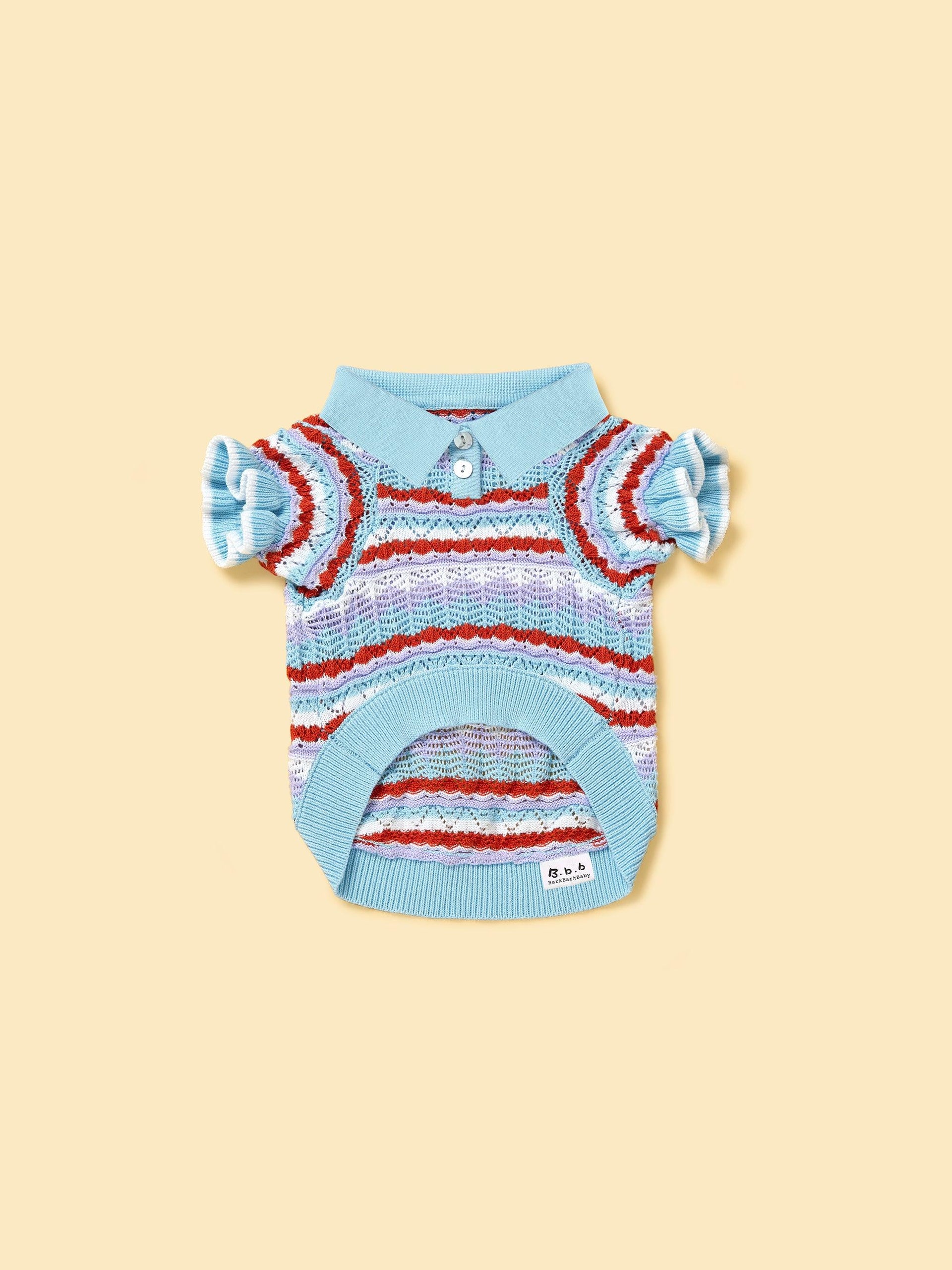 Pet & Me Spring Summer Ocean Blue Ruffle Crochet Short Sleeve Polo Shirt