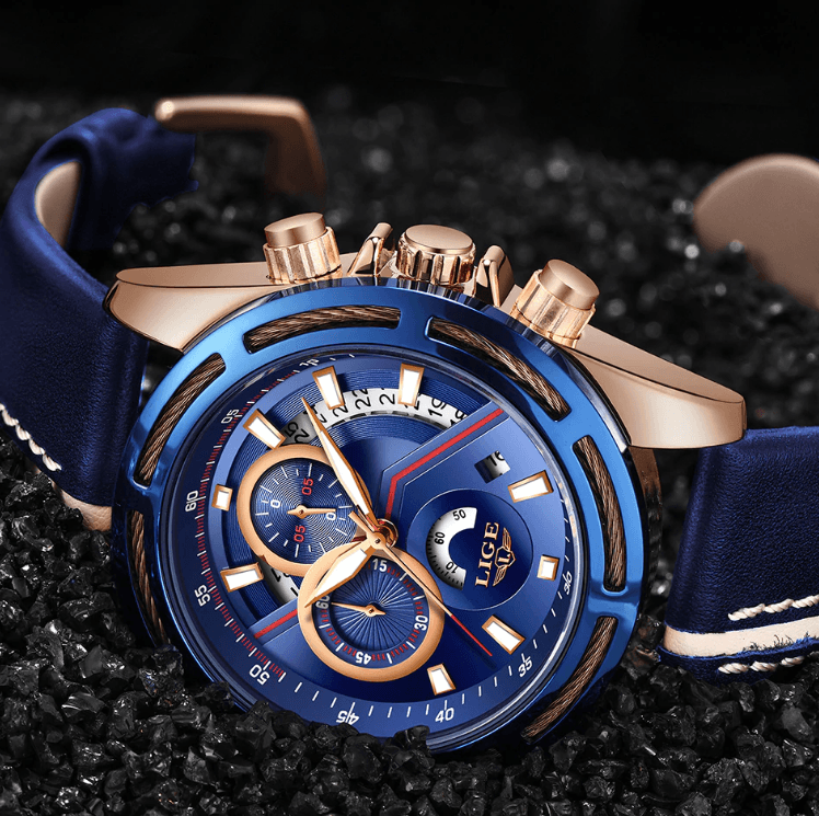 Men's Waterproof Chronograph Sports Watch with Leather Strap