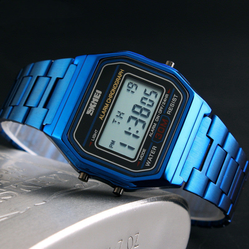 Retro-style digital wristwatch with a silver-tone metal case and stainless steel link bracelet.