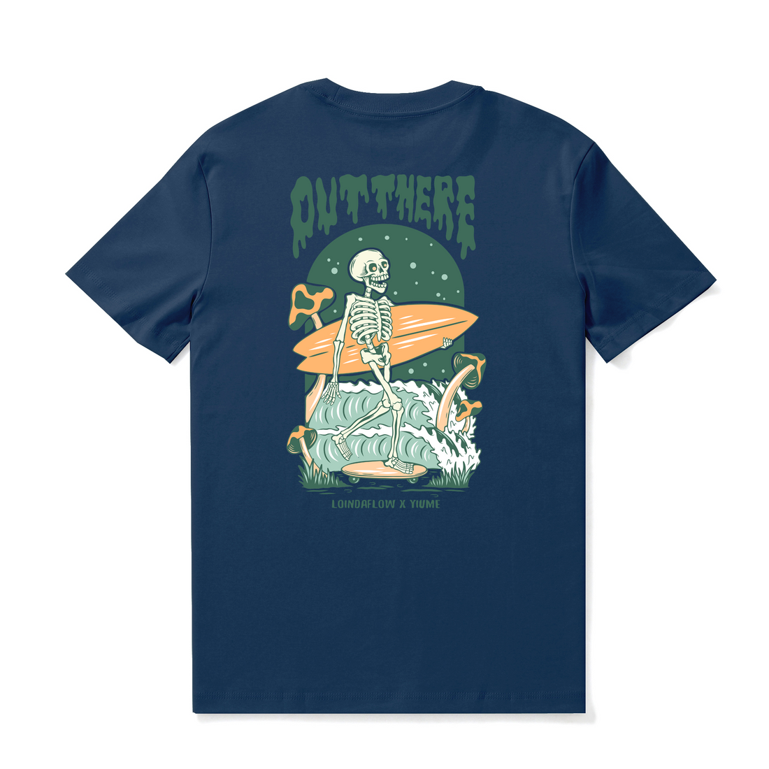 Navy blue crew neck graphic t-shirt with unique surf-inspired Out There artwork.
