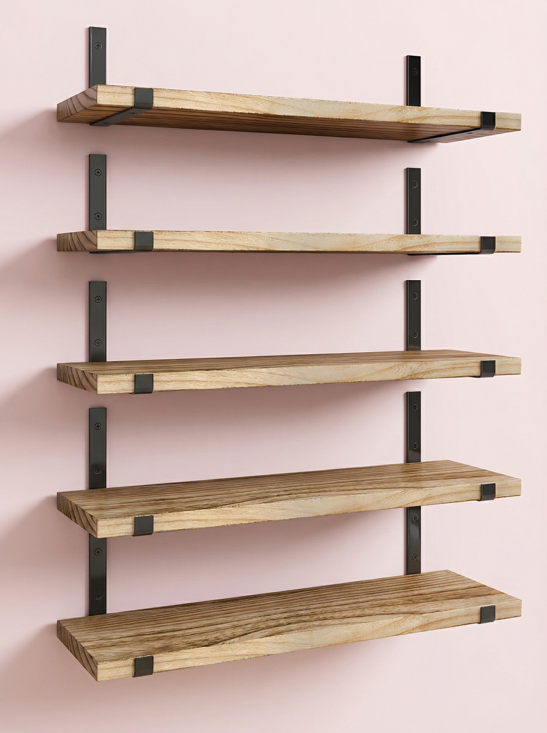 Rustic Wood Floating Shelves with Industrial Metal Brackets