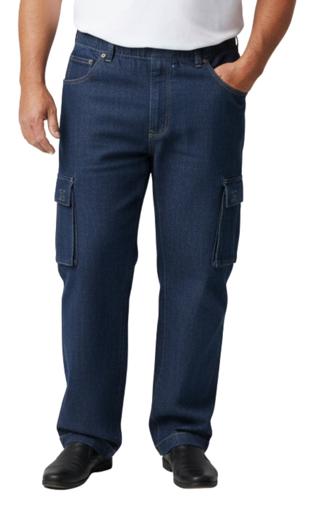 Men's Relaxed Pull-On Denim Cargo Jeans in Medium Blue