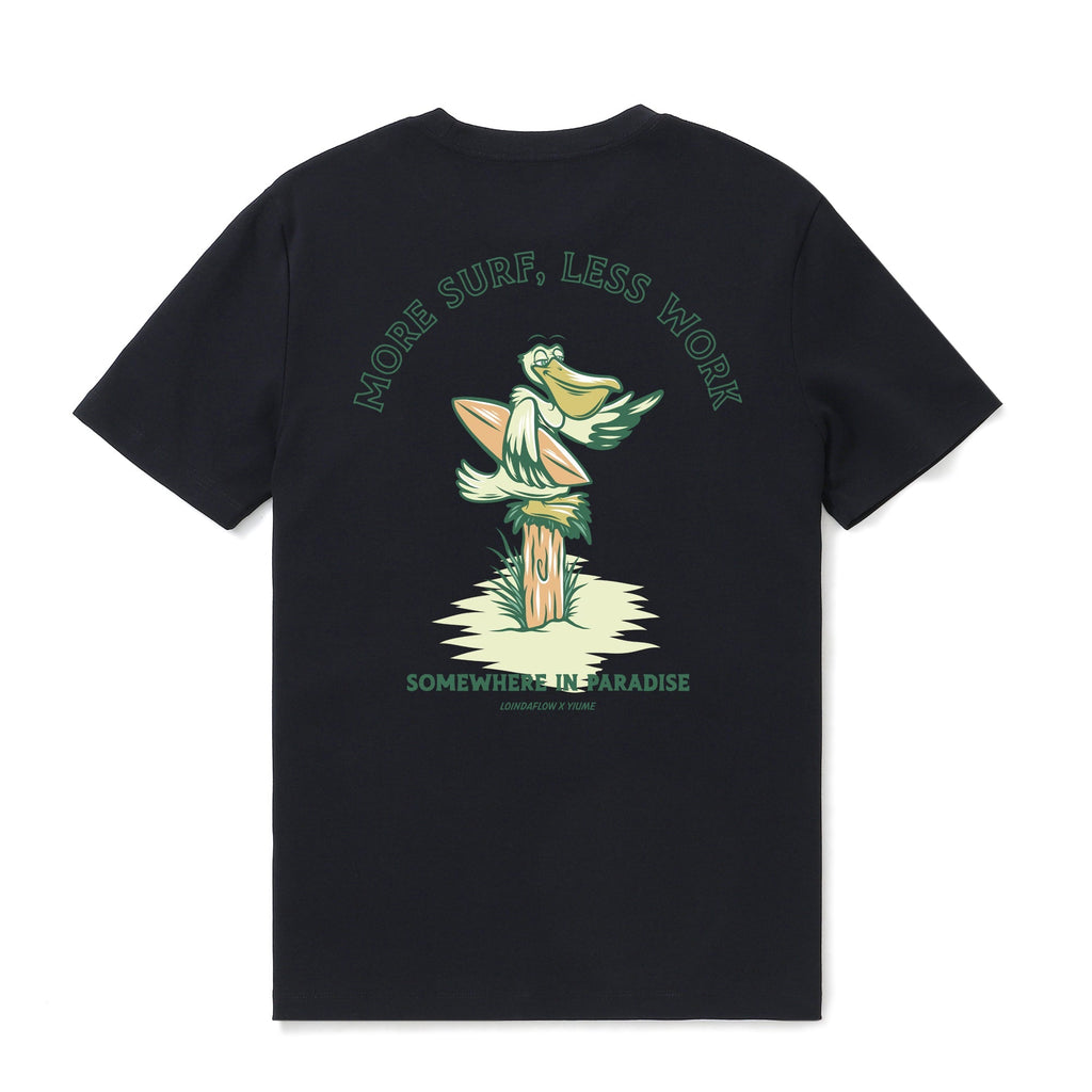 Men's black crew neck graphic t-shirt with pelican in paradise surf design.