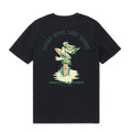 Men's black crew neck graphic t-shirt with pelican in paradise surf design.
