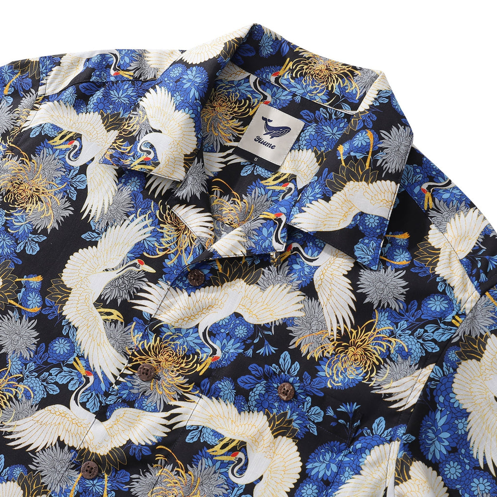 Crane Print Men’s Hawaiian Camp Collar Cotton Resort Shirt