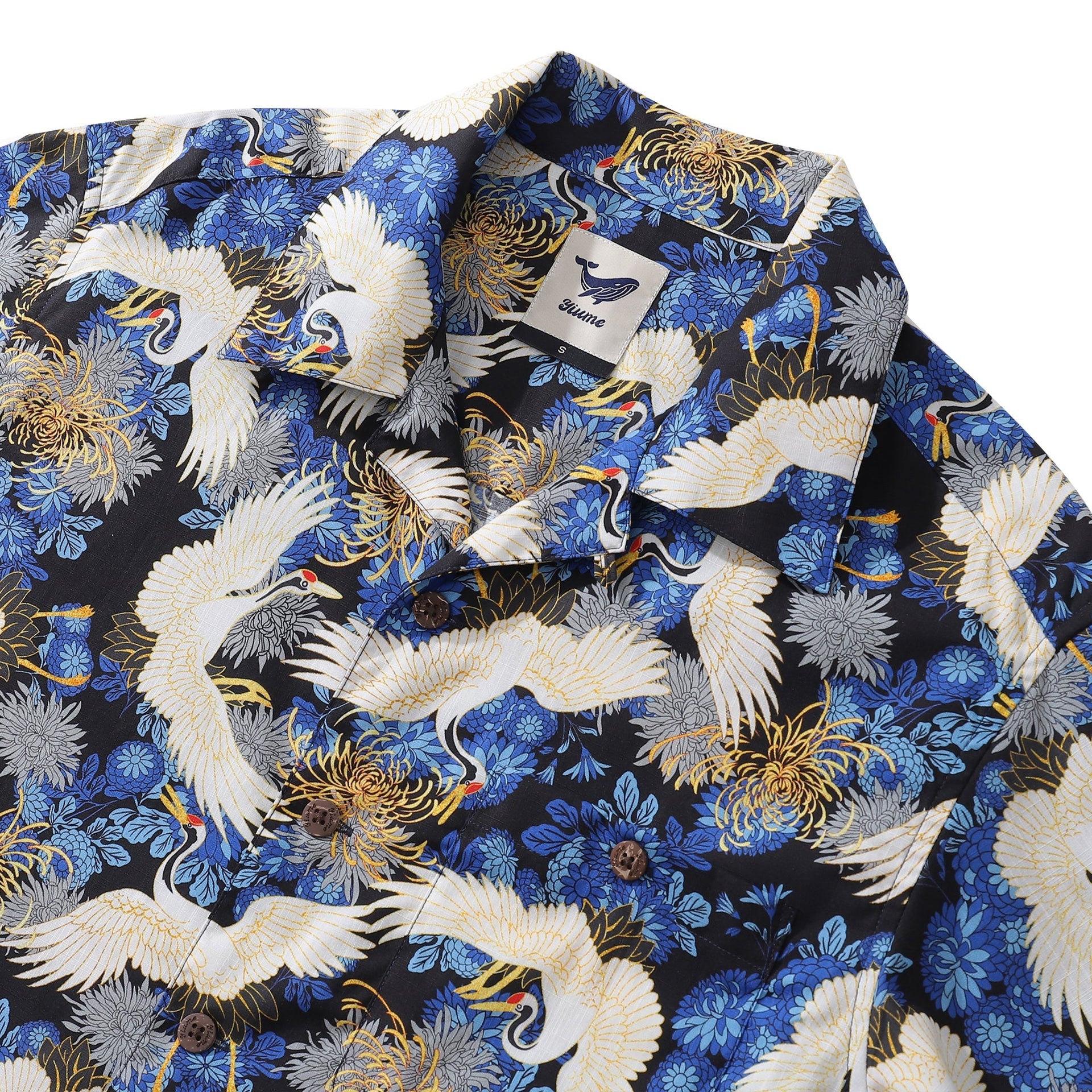 Crane Print Men’s Hawaiian Camp Collar Cotton Resort Shirt