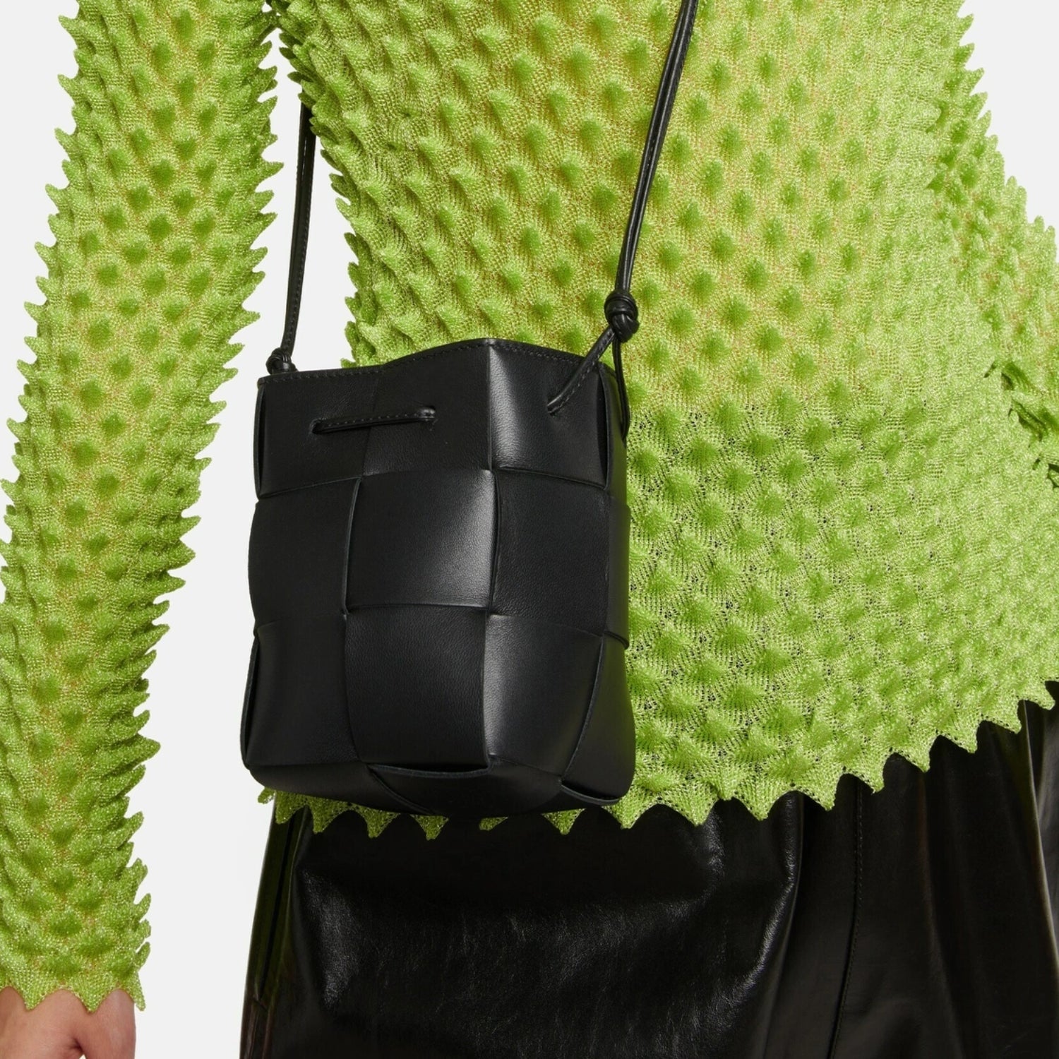 Woven Mini Crossbody Bucket Bag Lightweight Leather Handbag