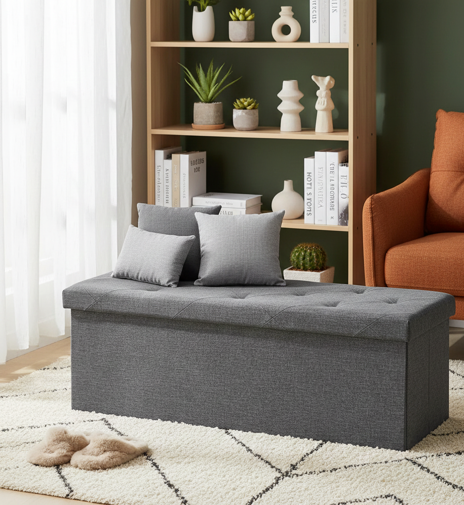 Folding storage ottoman bench with padded seat in a modern living room setting.
