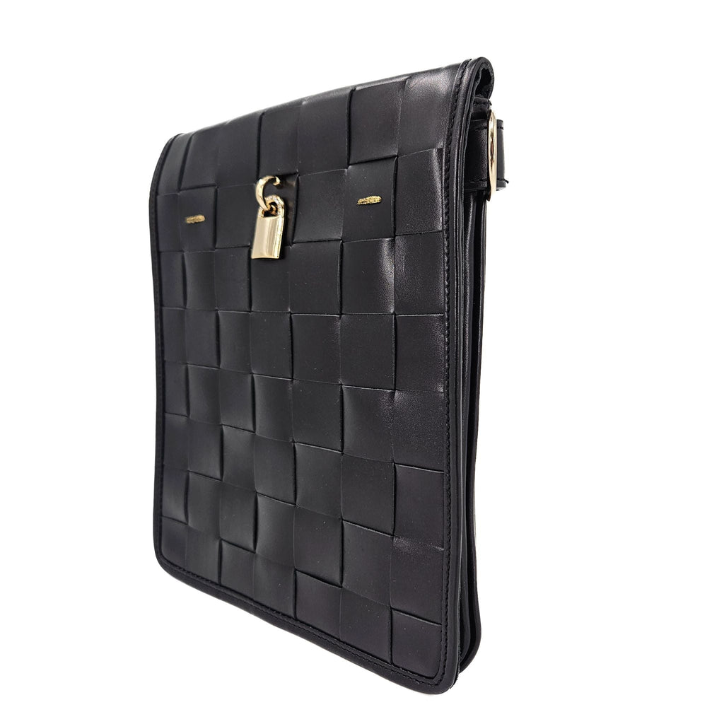 Woven Leather Crossbody Bag in Black with Signature Lock - Image 3