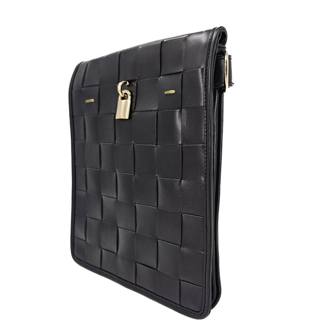 Woven Leather Crossbody Bag in Black with Signature Lock - Image 3