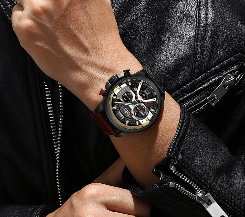 Men's Waterproof Sports Chronograph Watch with Leather Strap