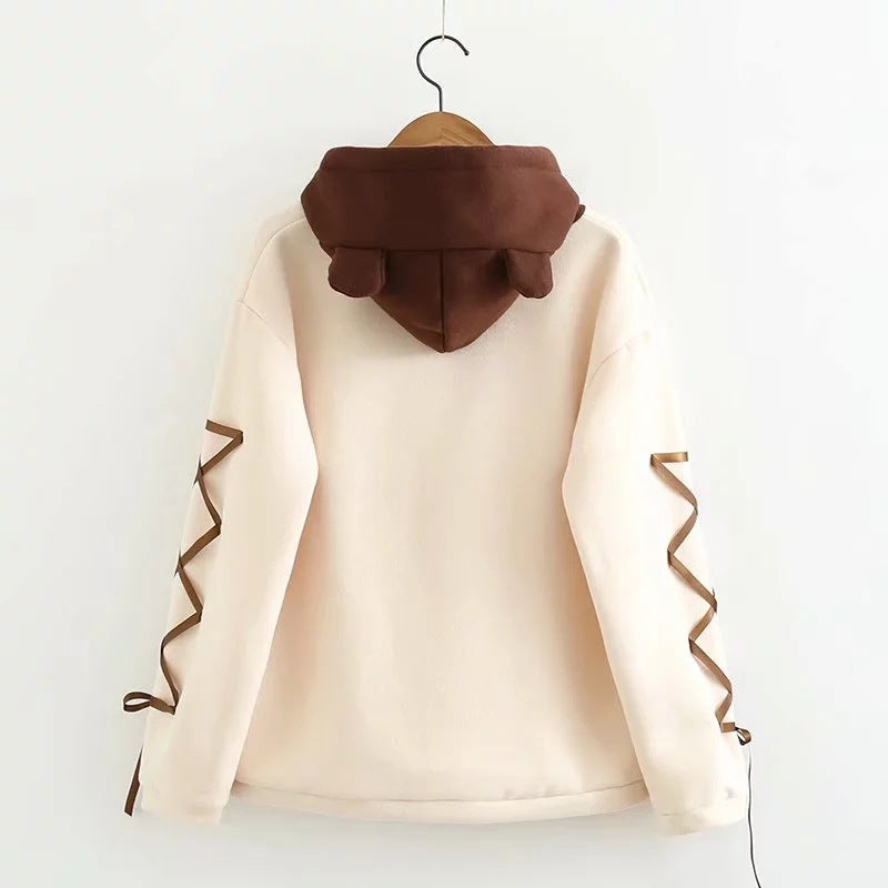 Cute Bear Ear Hoodie with Ribbon Detail Long Sleeve Pullover