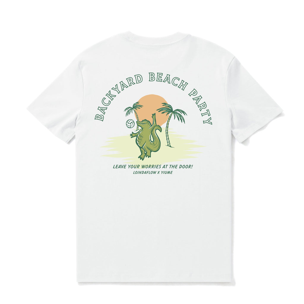 Men's white crew neck graphic t-shirt with Backyard Beach Party design.