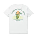 Men's white crew neck graphic t-shirt with Backyard Beach Party design.