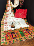 Premium white Vichitra silk saree with elaborate embroidery and diamond embellishments.