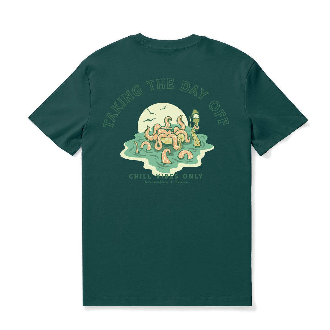 Dark green crew neck t-shirt with Taking the Day Off graphic