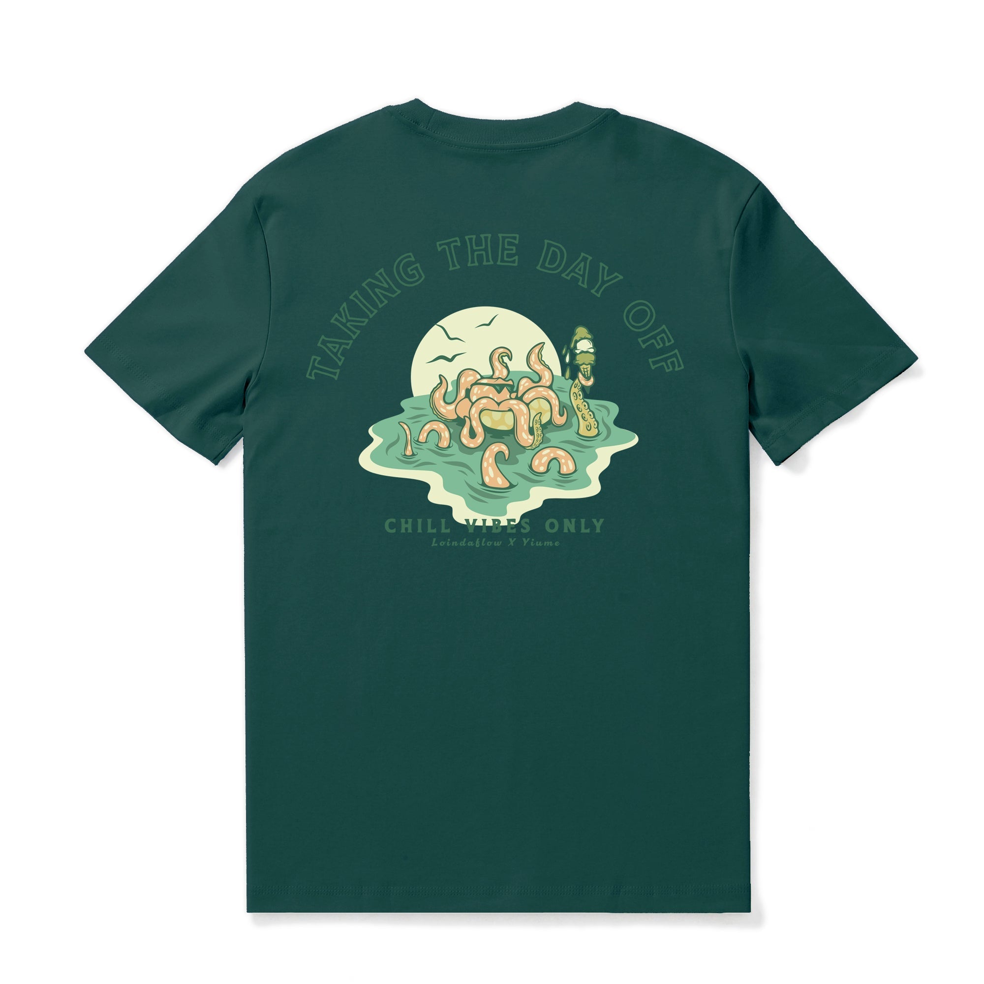 Dark green crew neck t-shirt with Taking the Day Off graphic