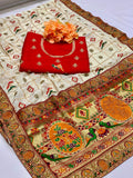 White Vichitra silk saree with detailed embroidery and diamond work