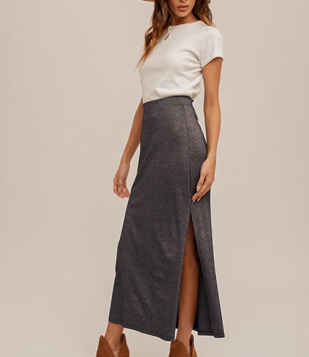 Navy Lurex Jersey Maxi Skirt with Slit Hem Detail