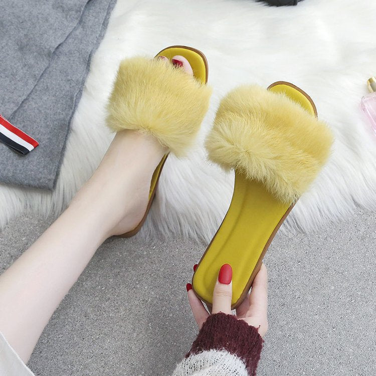 Women’s Faux Fur Slides – Open Toe Fluffy Flat Sandals