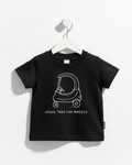 Kids graphic t-shirt in red featuring a Cozy Coupe car and the text Jesus Take the Wheels.