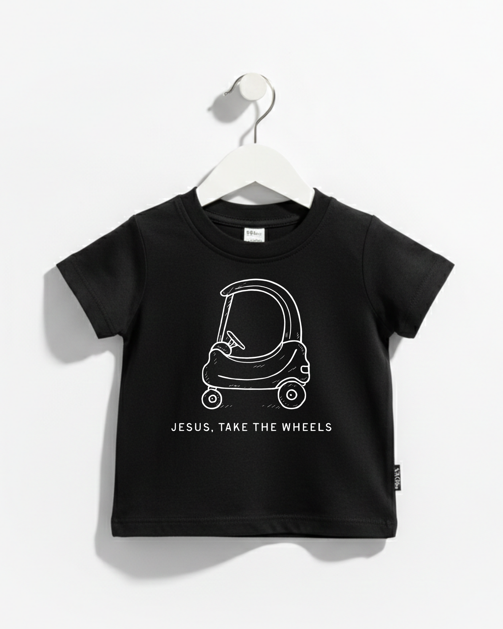 Kids graphic t-shirt in red featuring a Cozy Coupe car and the text Jesus Take the Wheels.