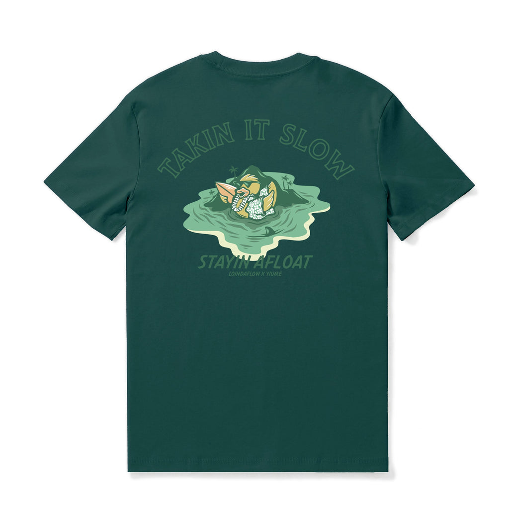 Dark green crew neck t-shirt with Takin It Slow graphic print