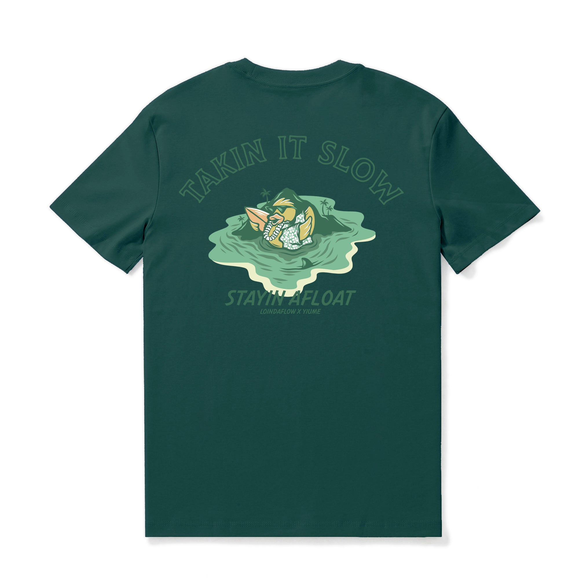Dark green crew neck t-shirt with Takin It Slow graphic print