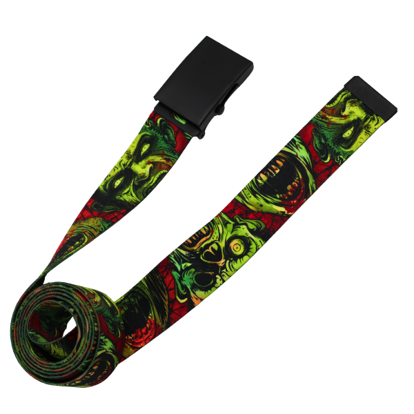 Close up of a zombie print webbing belt with a black buckle against a plain white background