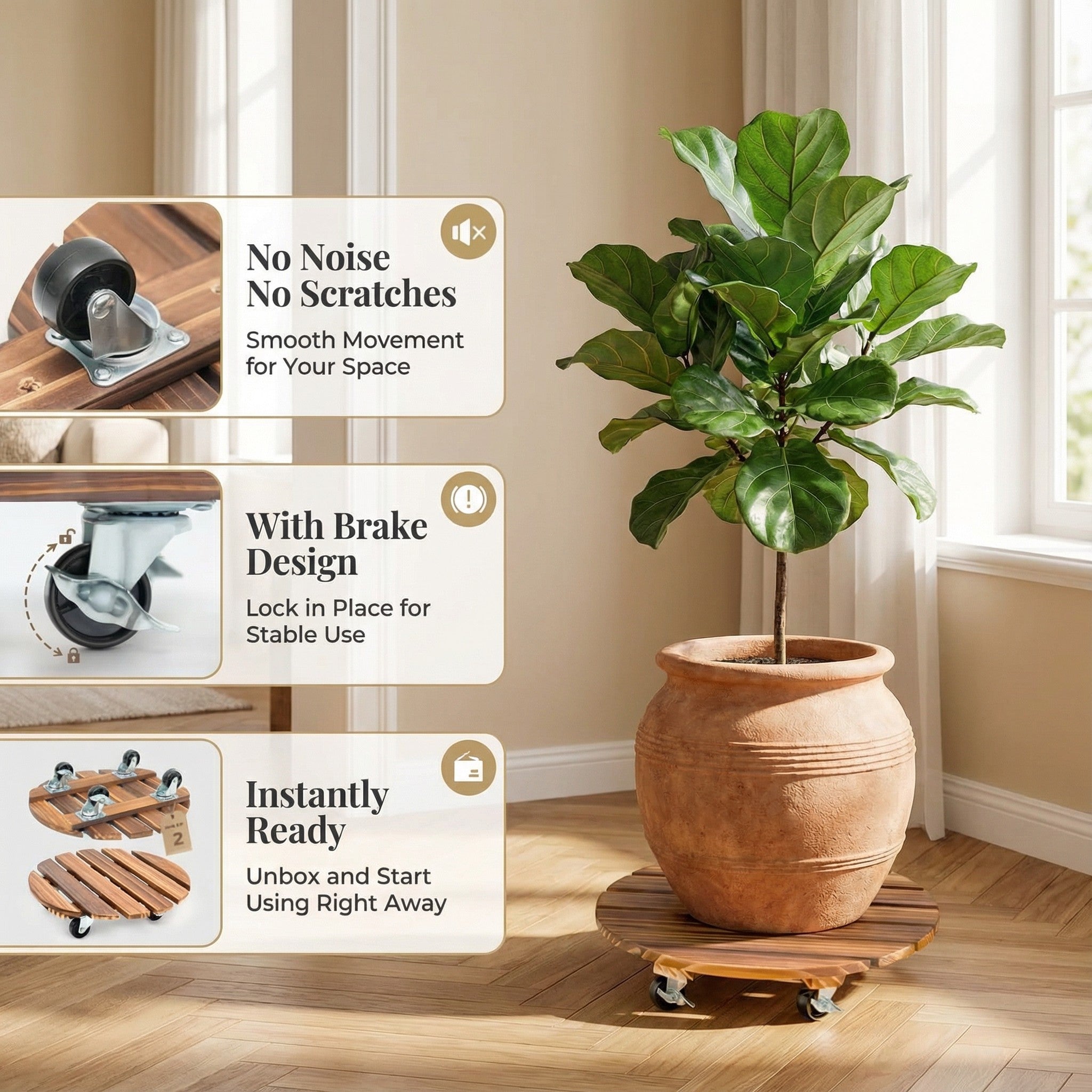 Heavy-Duty Rolling Wood Plant Caddy with Lockable Wheels 2-Pack