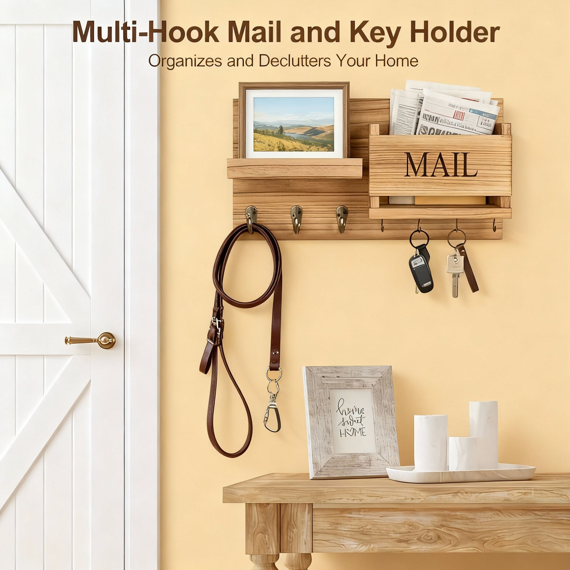 Rustic Wood Wall Organizer with Mail Rack, Key Hooks & Coat Rack